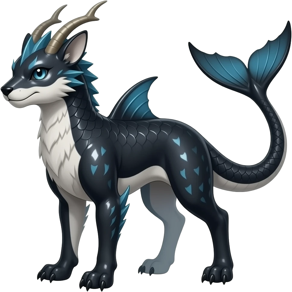 Tough realistic Quadrupedal digitigrade shiny glossy smooth finned frilled gothic tall slim unique epic legendary shiny edgy cool cyberpunk-solarpunk-fantasy-Sharpedo-Sceptile-Sprigatito-Flyogn-Vaporeon-Electrike-Fakémon-hybrid with an orca tail emoji