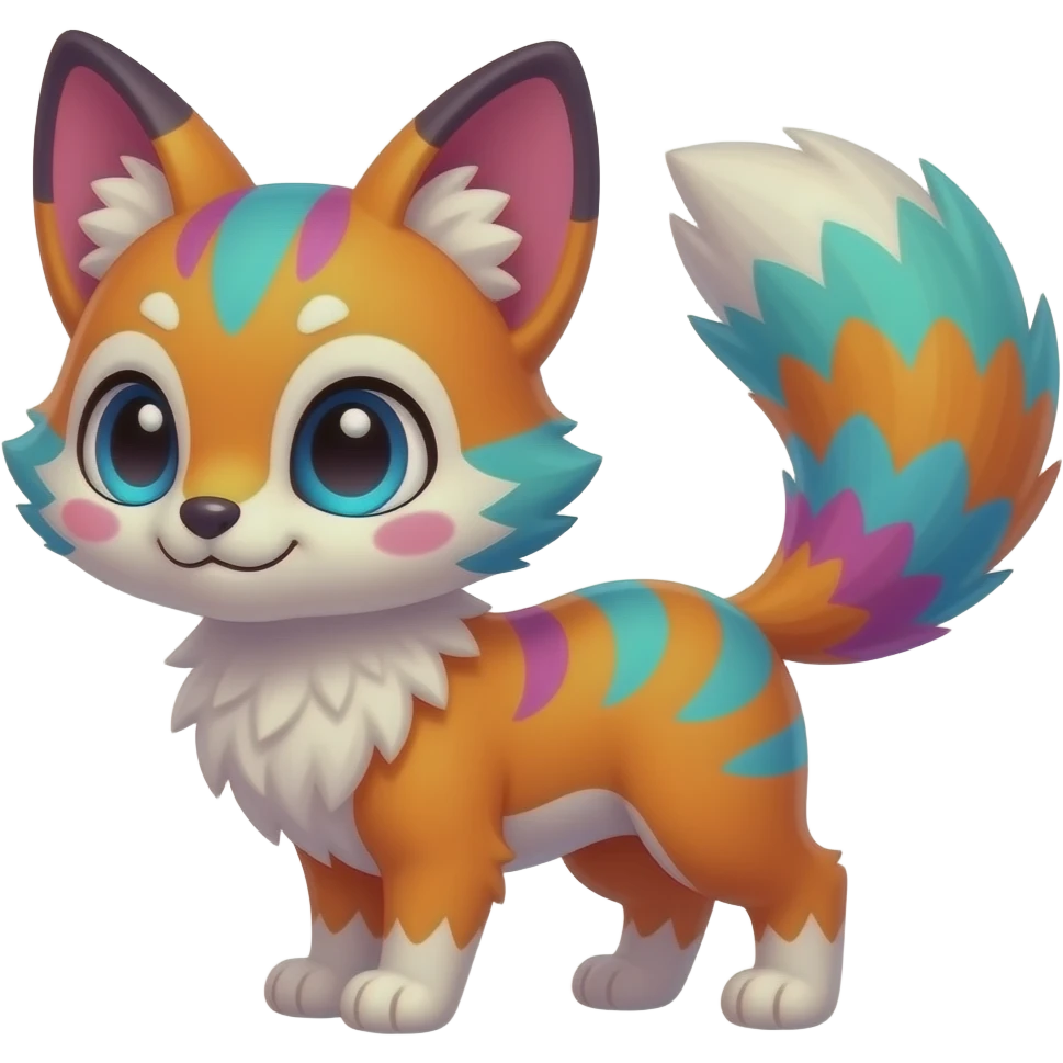 Feral Rare Fantasy vibrant colorful tropical cute, kawaii, cool, ed Vernid-Trico-species by LiLaiRa, random markings, tufted tail, tufted ears, full body, cheek markings emoji
