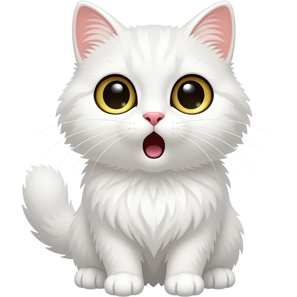 cute white cat with golden eyes, fluffy fur, polished chibi style, discord emote, twitch emote, transparent background, thick clean outline, soft shading, expressive face, high contrast, shocked emoji