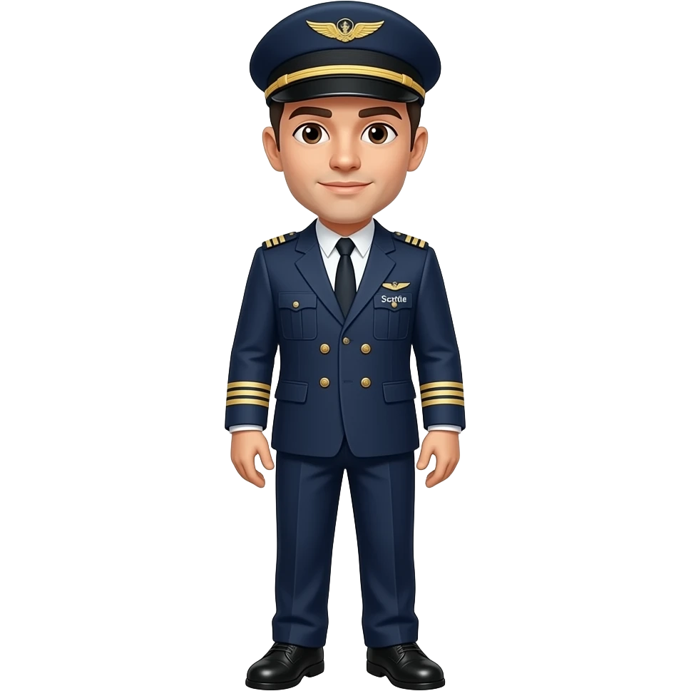 Entire body Male Pilot with suit legs snd shoes Male entire Body Pilot w blazer's Black hair white skin brown eyes with hat and name badge under wing badge “Scottie” emoji