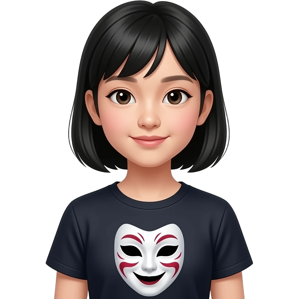 Ha i capelli neri e cinese si trucca pochissimo e si veste abbastanza elegante Ed e una femmina Ha 11 anni e la maglietta e con le maschere del teatro emoji