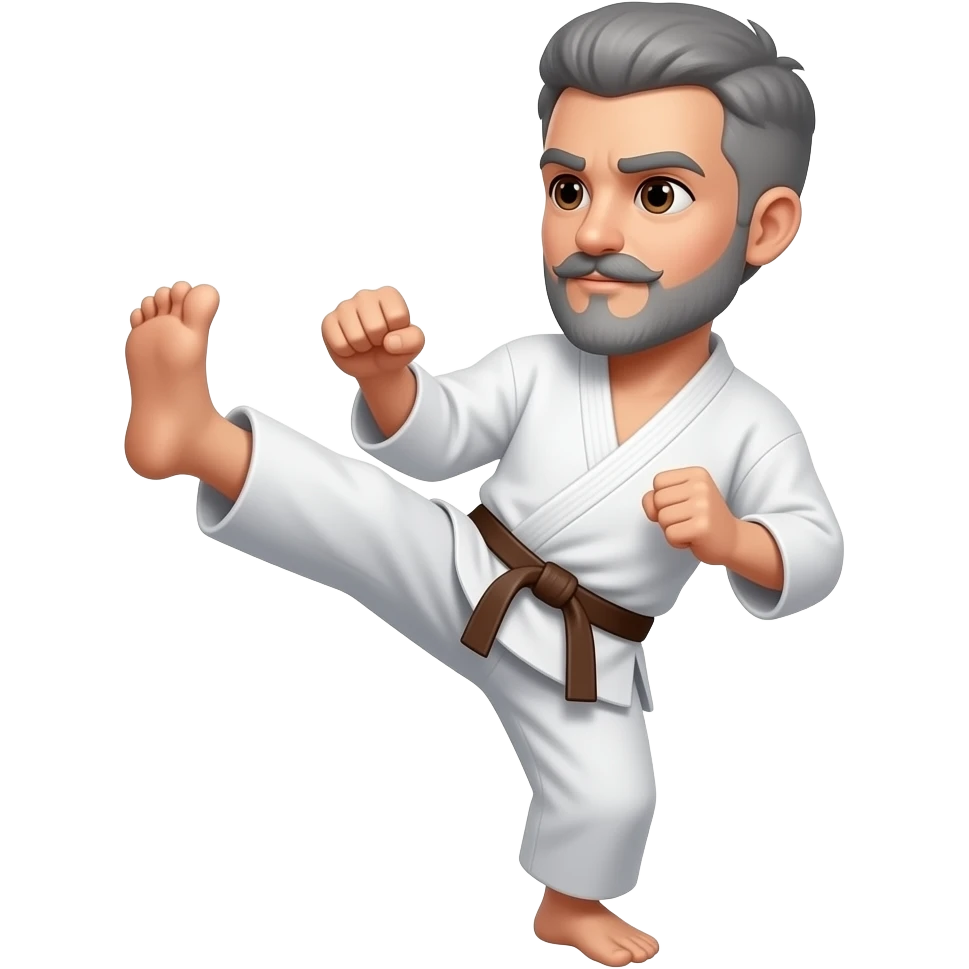 No BEARD,  short hair cut gray  with a mustache doing a karate kick and brown eyes and Brown Belt emoji
