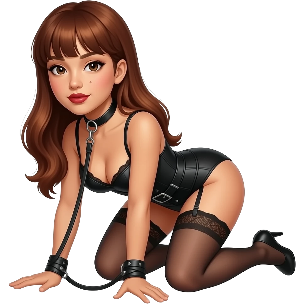 gorgeous woman, light tan skin, charm mole on left face cheek, long auburn hair, side bangs, black eyes, lipstick, model, latina, asian, mixed, fullbody corselet lingerie, leashed on neck, harness, wrist tied, on fours emoji