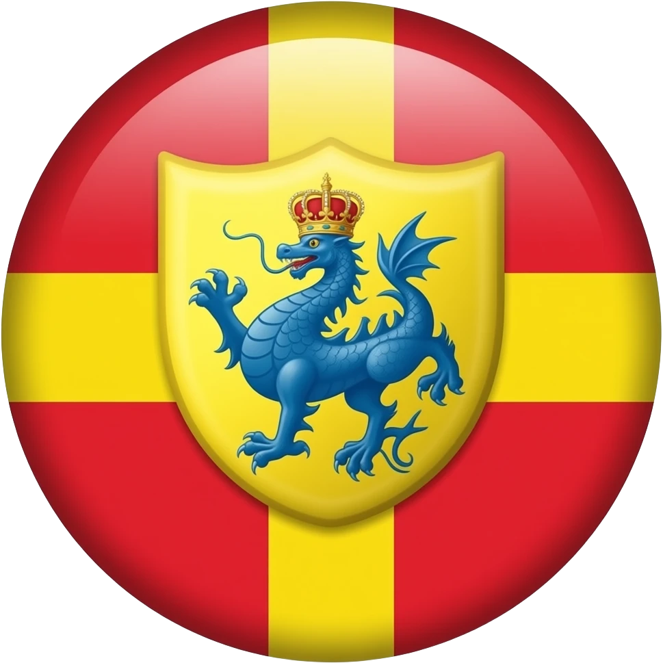 Apple Flag style Emoji of Jacobland flag Nordic cross yellow red background where cross meets add shield yellow same color as cross and inside blue dragon red crown on top emoji