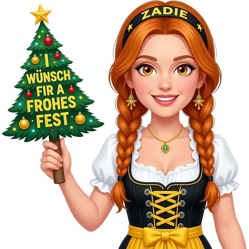 sexy girl with overlong ginger braids and ginger eyes wearing a black yellowdirndl and a headband with ZADIE written on it, is holding a sign with I WÜNSCH FIR A FROHES FEST 🎄 written on it emoji