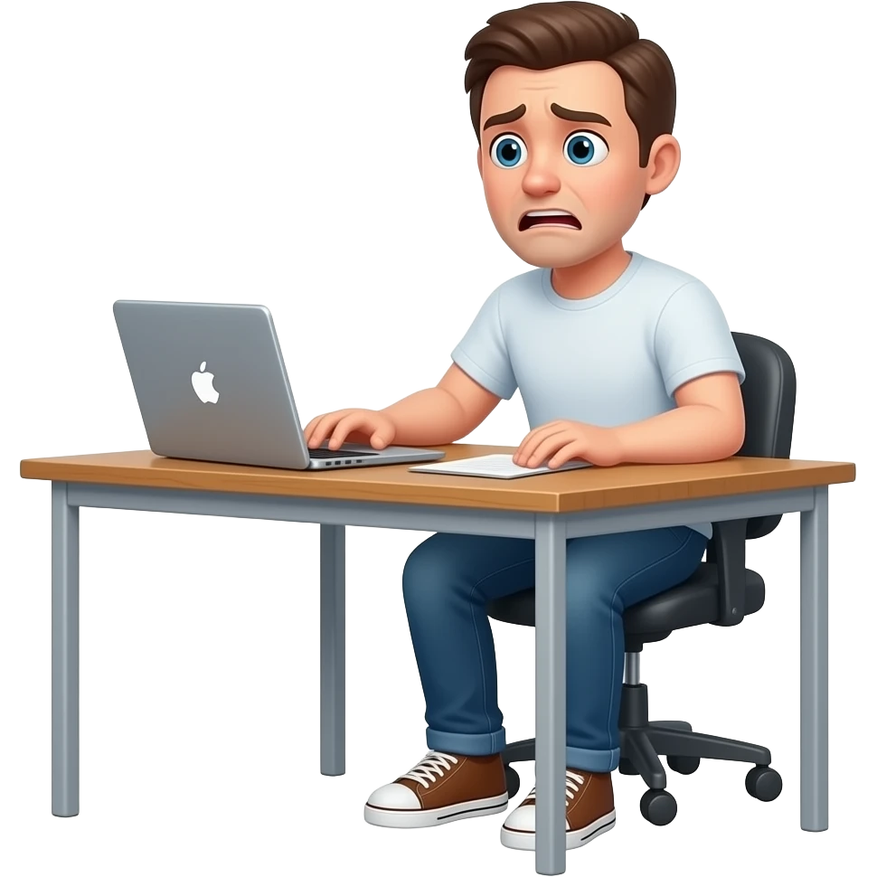 confused man trying to understand, while sits on a desk with a macbook by his side. wearing a casual outfit and shows desperation on his face emoji