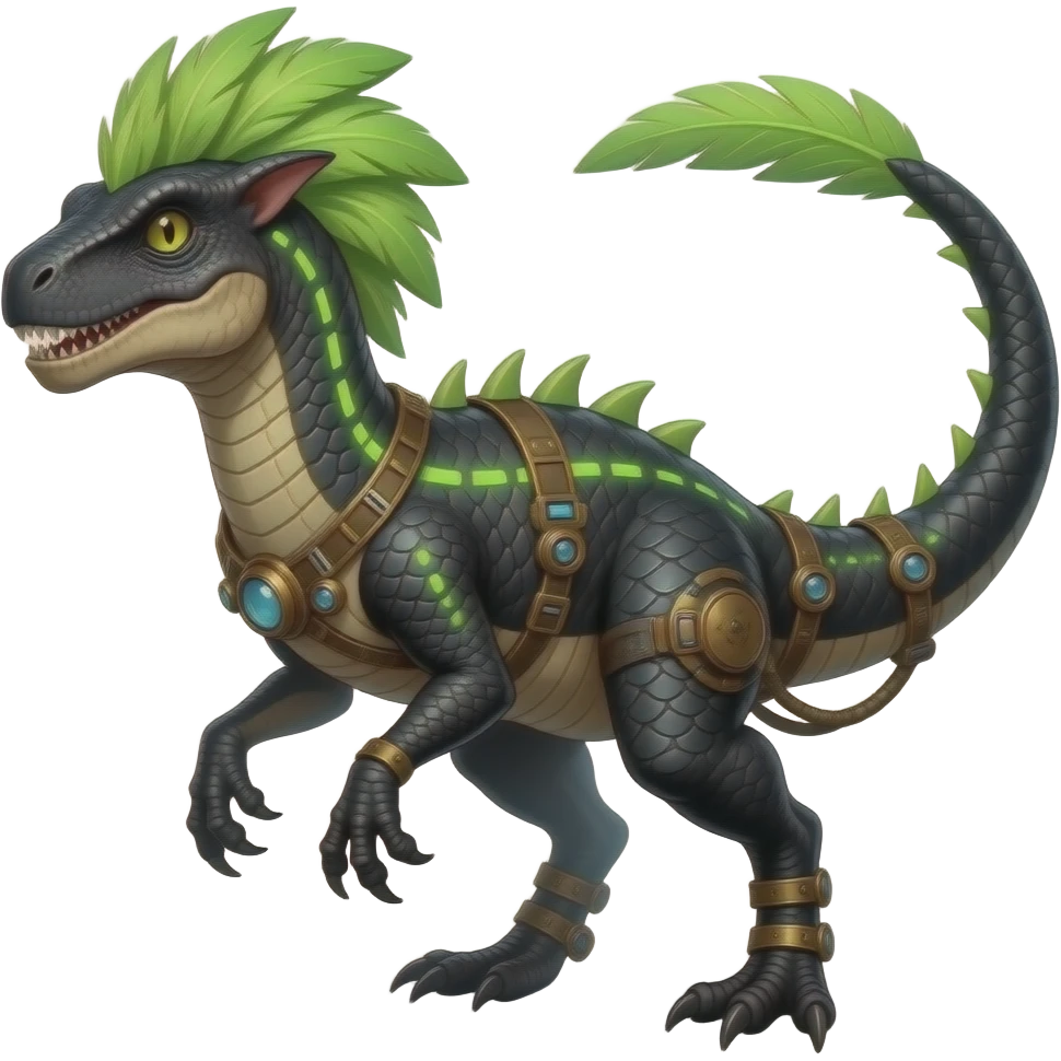 Cool edgy ancient black-scaled with neon-colored stripe markings digitigrade bipedal vintage futuristic raptorik fantasy-Cyberpunk-Steampunk-Solarpunk-Genesect-Salamence-Tyranitar-Vernid-Fionbri-Fakémon-animal-hybrid, with neon-green feather-mane, and a tail blade, back spikes, full body emoji