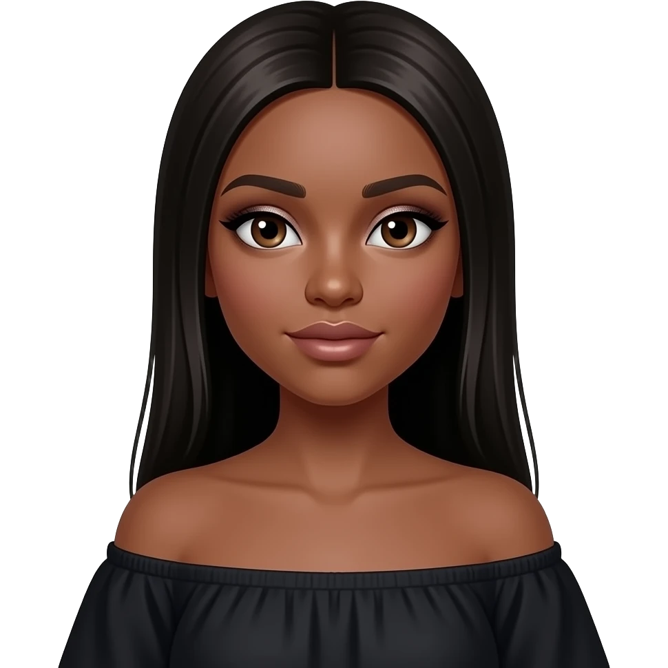 Black girl Teenage hazelnut eyes, smoky eye glitter makeup Long straight black hair shoulder off black top emoji