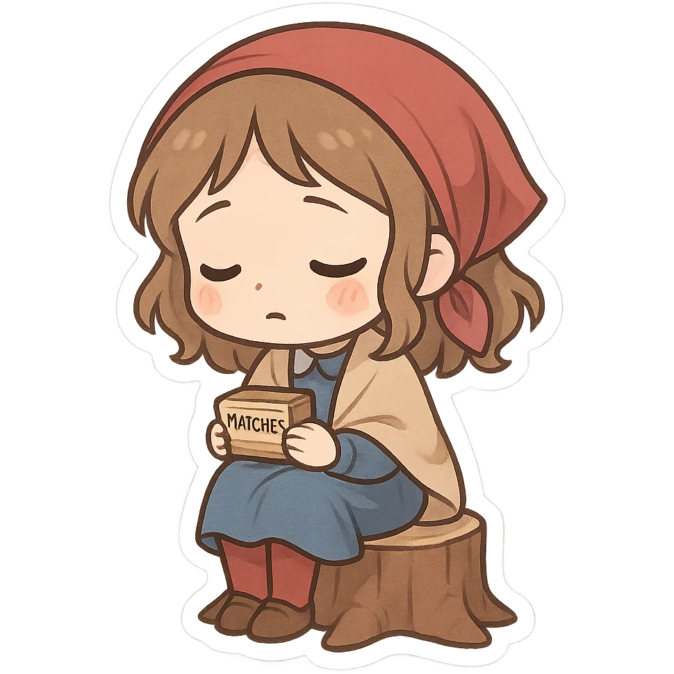 一个可爱的卖火柴的小女孩坐在一个矮树桩上 emoji