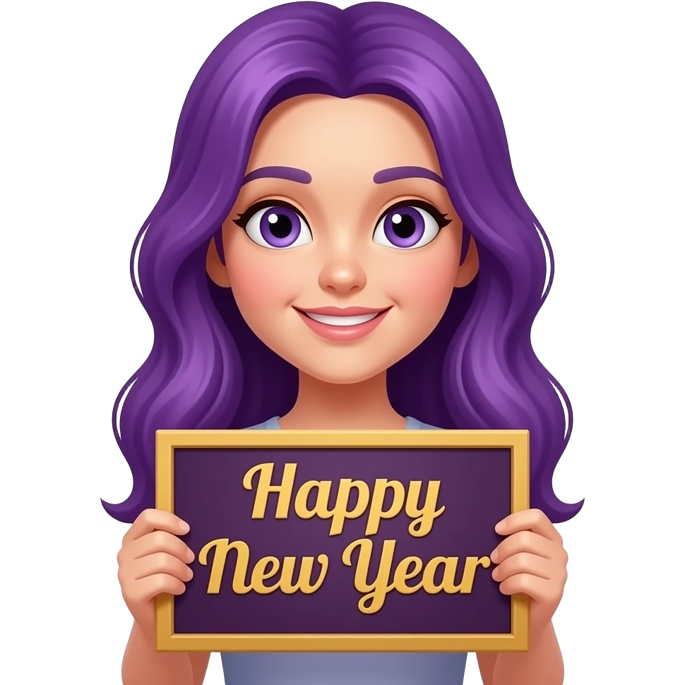 girl with long purple hair with a happpy new year sign emoji