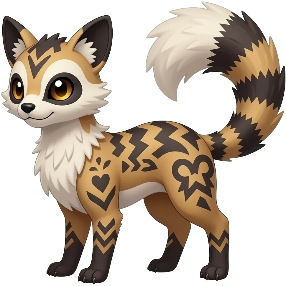 scaly fuzzy finned frilled spunky gothic Realistic tall slim unique original shiny edgy cool steampunk-cyberpunk-solarpunk-fantasy-Civet-Absol-Sprigatito-Vaporeon-Fakémon-hybrid with tribal chevron heart floral lightning bolt strikes damask paisley markings emoji