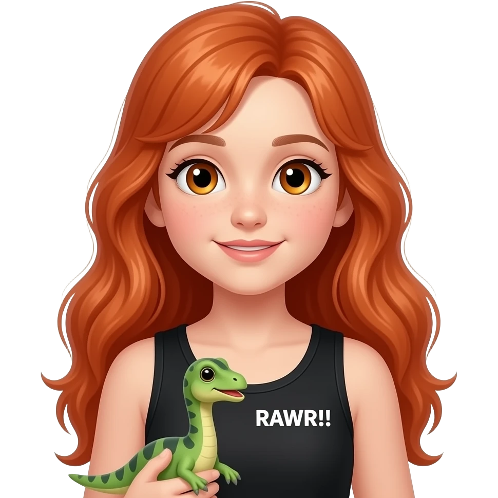 ten year old with long red hair and amber eyes and a black tanktop holding a gallimimus plush and saying "RAWR!!" emoji