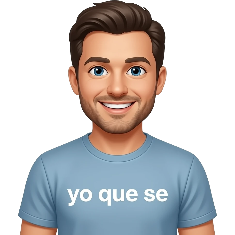 A happy man with a shirt that says ‘yo que se’ emoji
