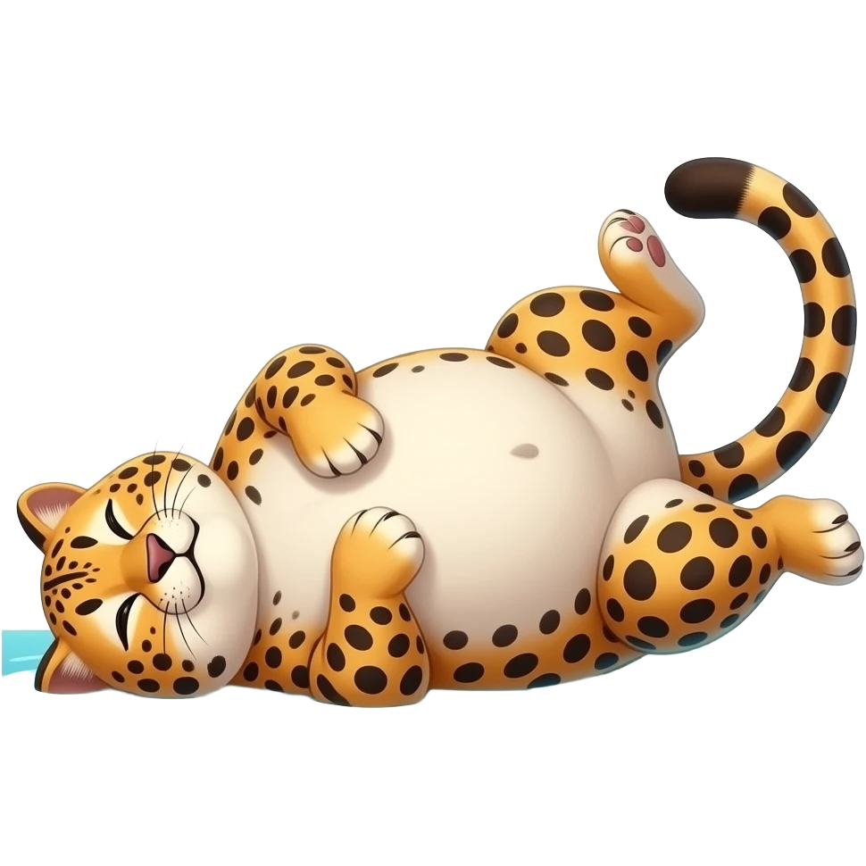 A cheetah enjoys beach holiday in her swimmers,but she is so full from a lunch break that she is about to burst,Then her fat Tummy rolls & drops out,she will just lay on her back in the shallow cool water,her gluttonous belly promotes a good resort business. emoji