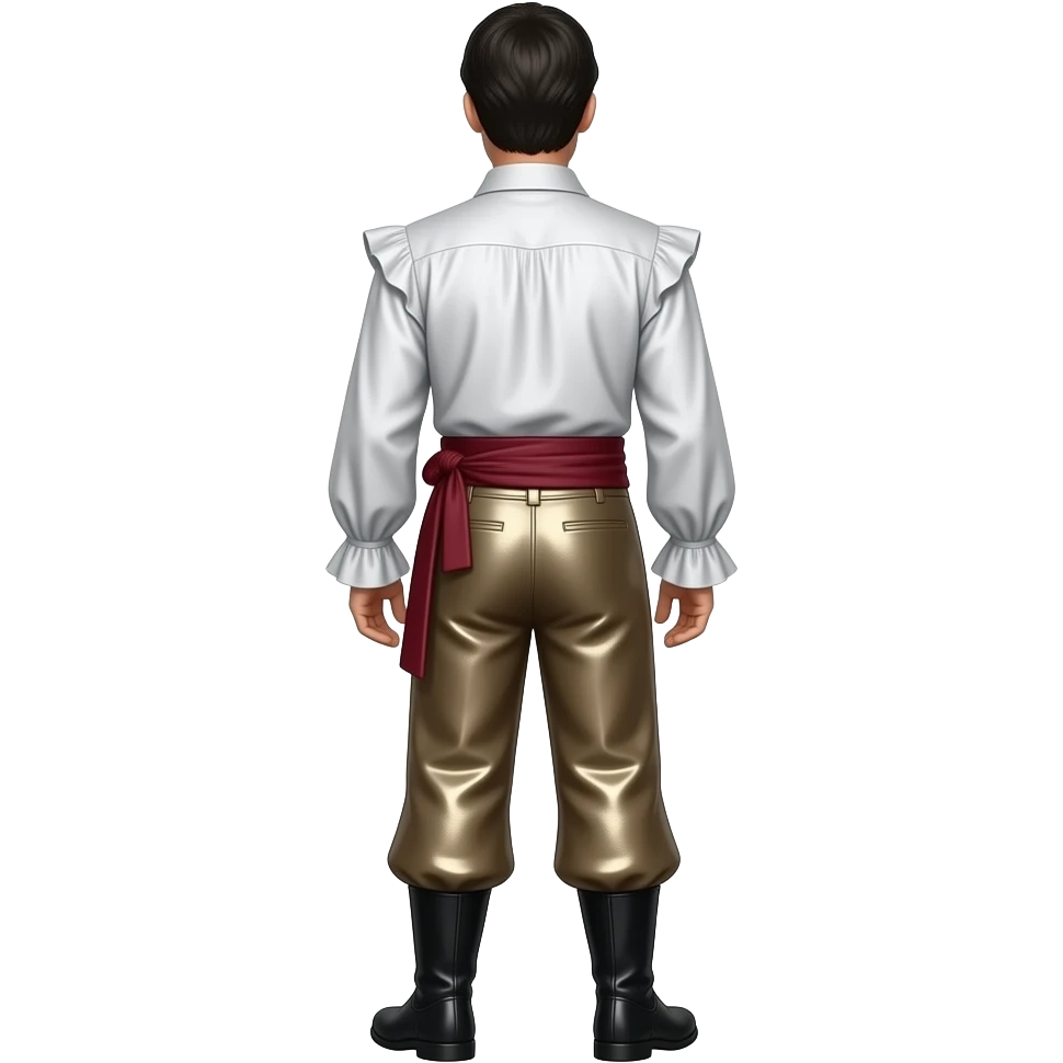 Oliver Reed from behind with black hair, white metallic ruffle shirt, maroon obi wrap belt, dark beige metallic baggy pants, black boots emoji