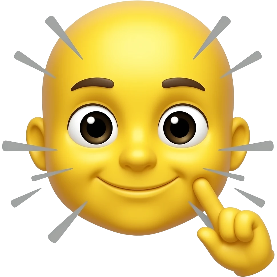 Cute 3D emoji half-face, one index finger touching the cheek, cheek-poke pose, big eye, small smile, yellow face, gray motion lines, glossy rounded style, light background, centered. emoji