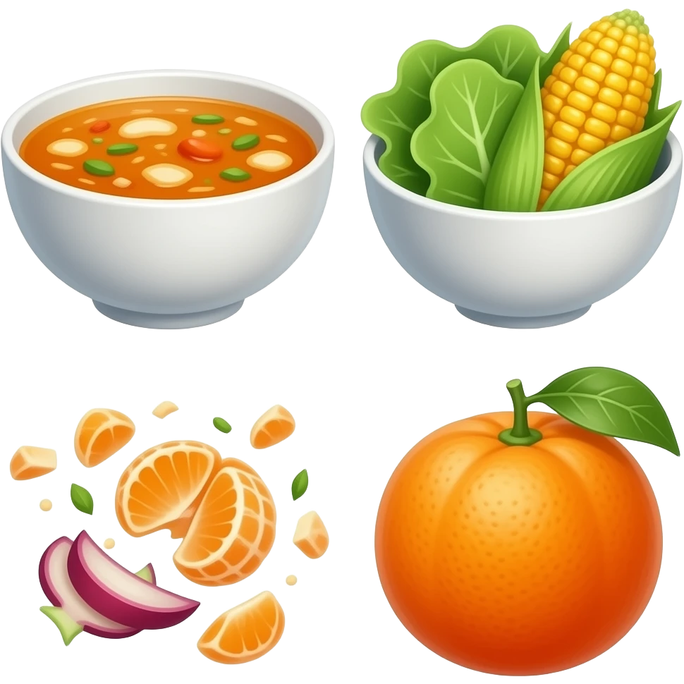 Un cuenco con sopa y trazas de verduras, un cuenco con lechuga y maíz y una mandarina emoji
