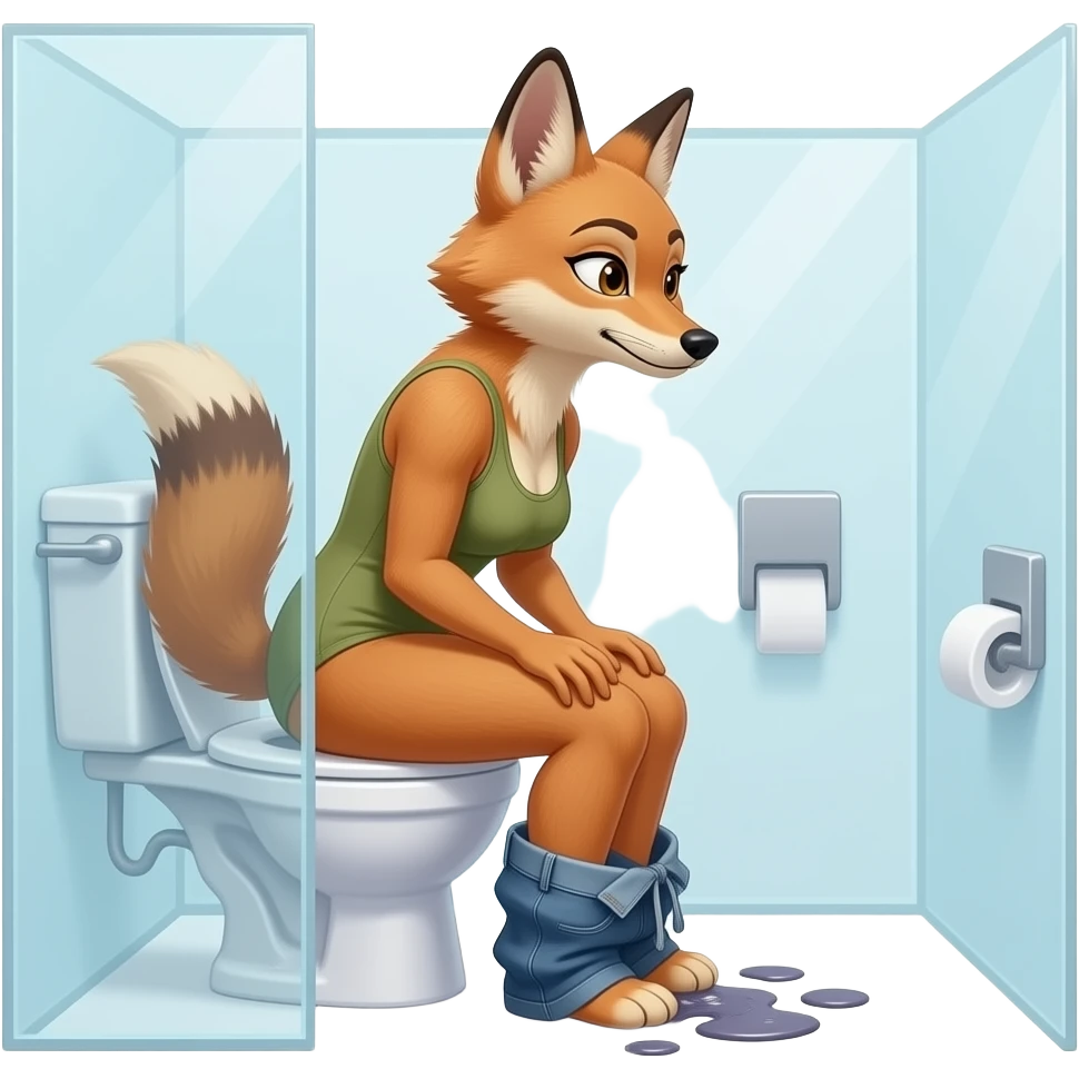 Female jackel furry person woman sit on toilet pants down,side view,diarrhea,inside toiletseethrough,fursona emoji