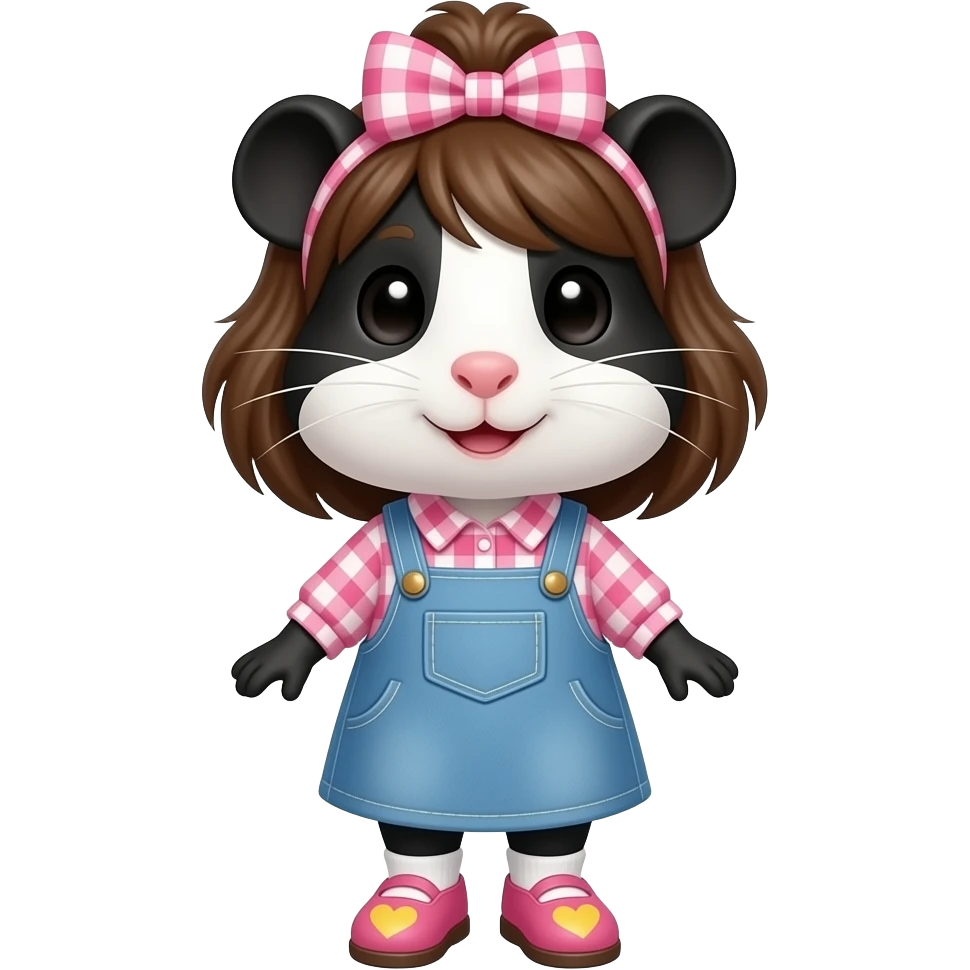 black and white guinea pig with pink long sleeve gingham shirt, jean dress, pink shoes with yellow hearts and a pink gingham bow in hair emoji