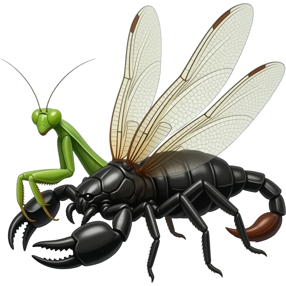 a black widow spider body with dragonfly wings, a scorpion tail and pinchers, and a praying mantis head, insectoid fusion, realistic, emoji