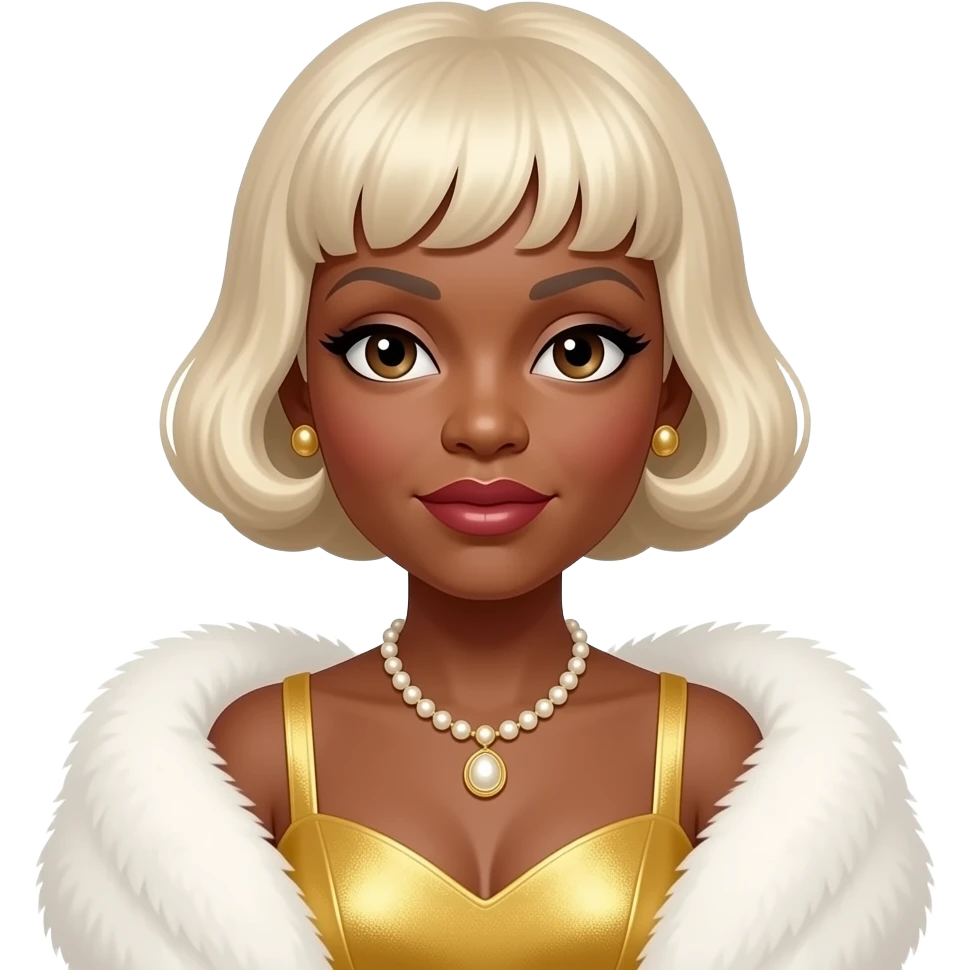 Etta James with brown eyes, platinum blonde 1950s bubble cut hair, gold dress, white fur shawl, necklace and earrings emoji