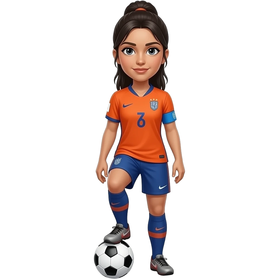 Futbol kaptanı amerikan futbolu değil kaptan bandı ekle kız olsun saçı siyah olsun ayağında top olsun forma turuncu üstünde nike ve arma mavi daire olsun emine gönen yazsın yan dursun arma görünmesin emoji