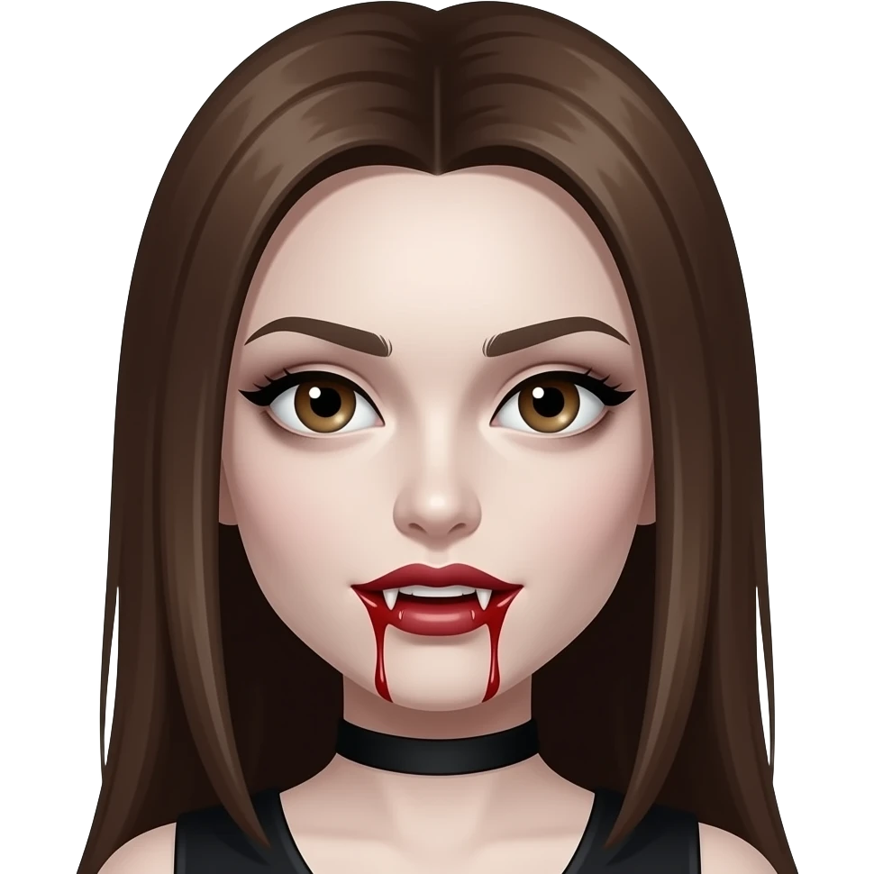 A vampire girl with straight brown hair, blood on her mouth, and fangs, with pale skin and not very strong dark circles under her eyes, iOS 16 style. emoji