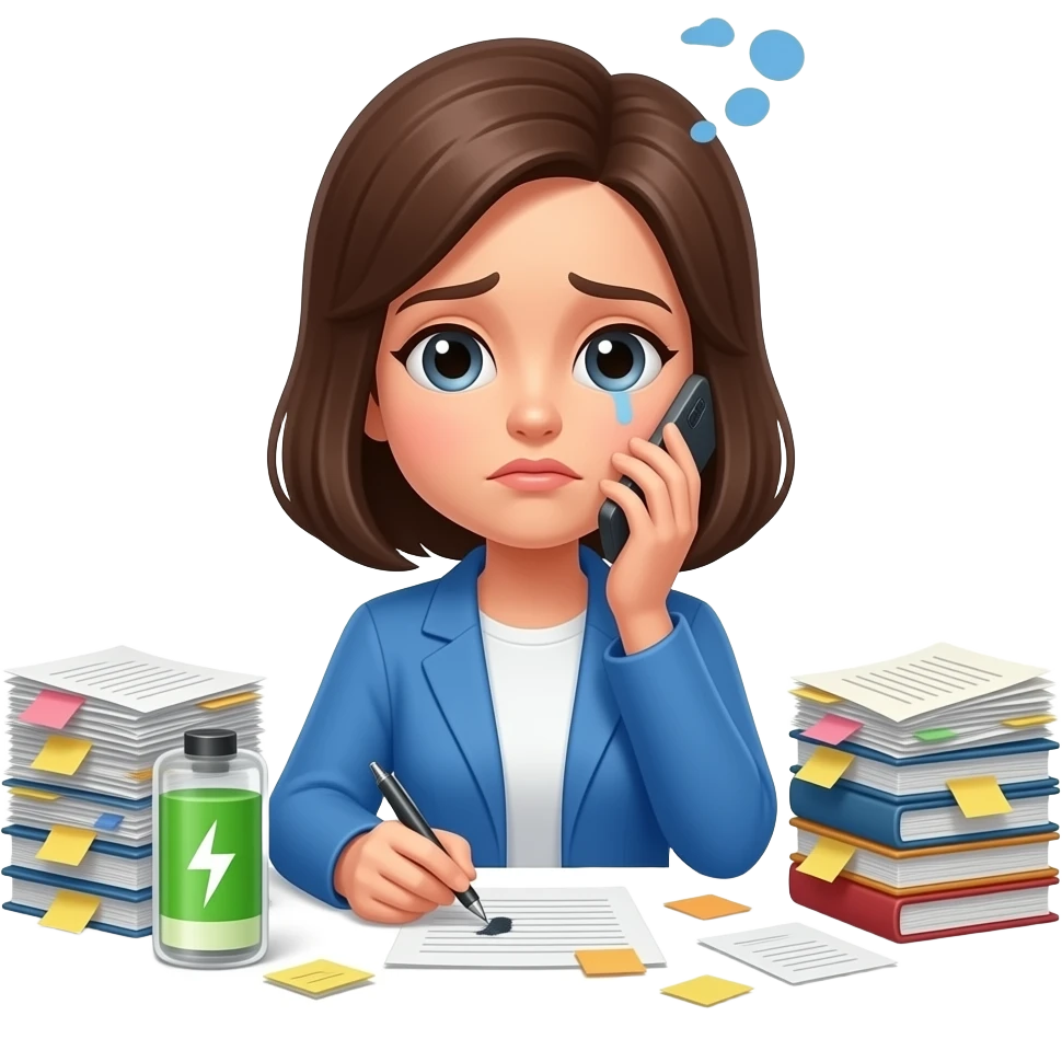 У женщины села батарейка, она без энергии у нее много дел и мыслкй emoji