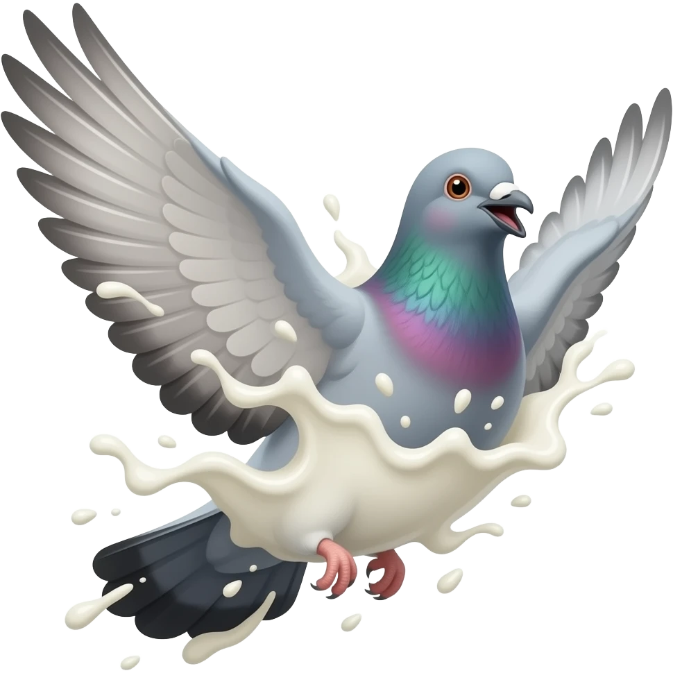 Pigeon screaming in air and he is completely in milk emoji