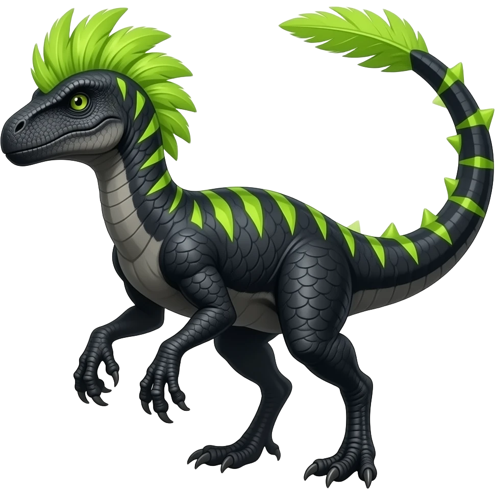 Cool edgy ancient black-scaled with neon-green triangular stripe markings digitigrade vintage futuristic raptorik fantasy-Cyberpunk-Steampunk-Solarpunk-Genesect-Salamence-Tyranitar-Vernid-Fionbri-Fakémon-animal-hybrid, with neon-green feather-Mohawk, and a tail spade, back spikes, full body emoji