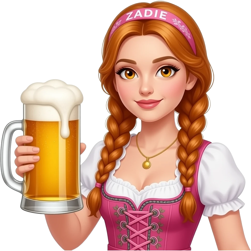 sexy girl with overlong ginger braids and ginger eyes wearing a pink dirndl and a pink headband with ZADIE written on it, is holding a mass beer emoji