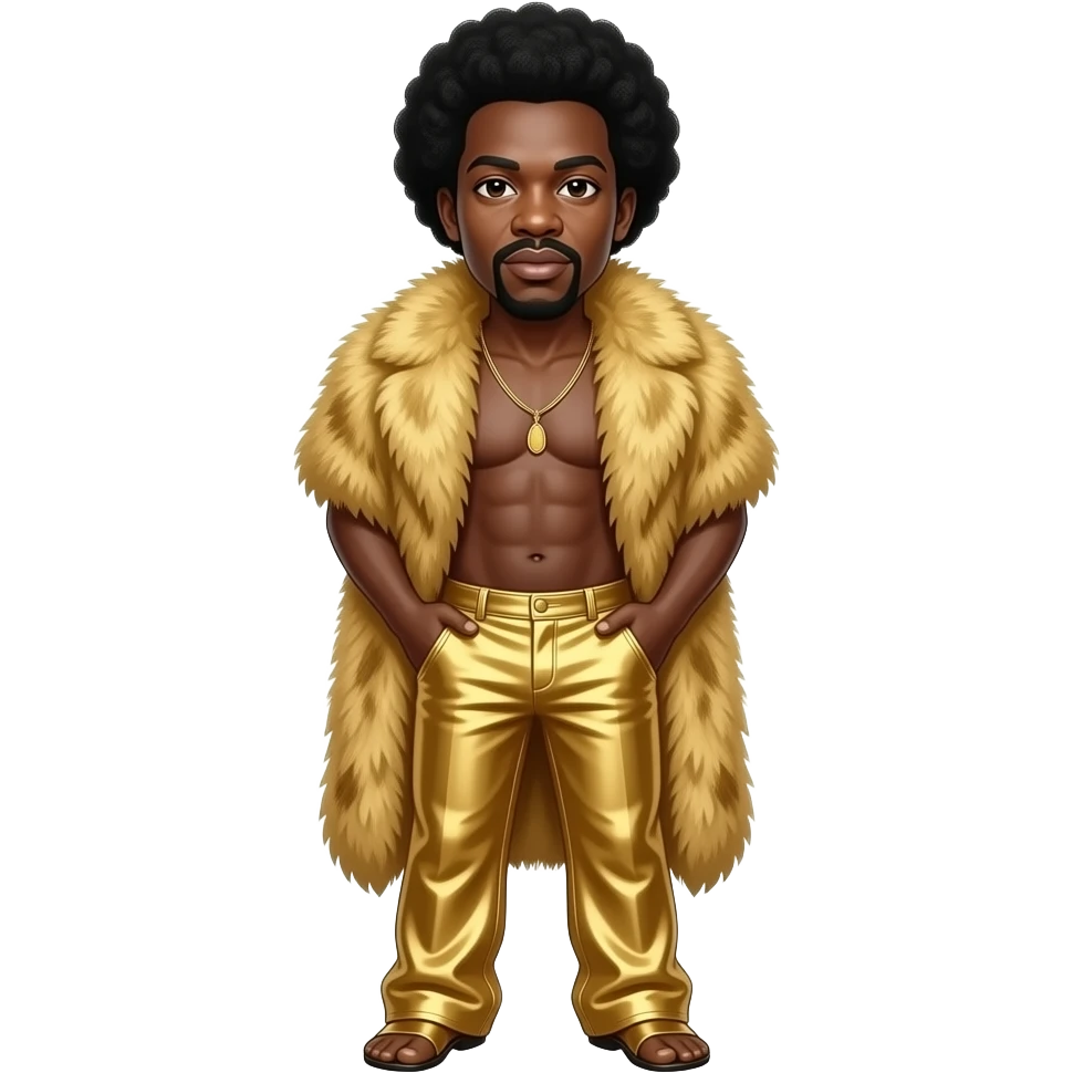 James Brown with brown eyes, black conk hair, gold fur shawl, gold metallic baggy pants, shirtless with necklace emoji