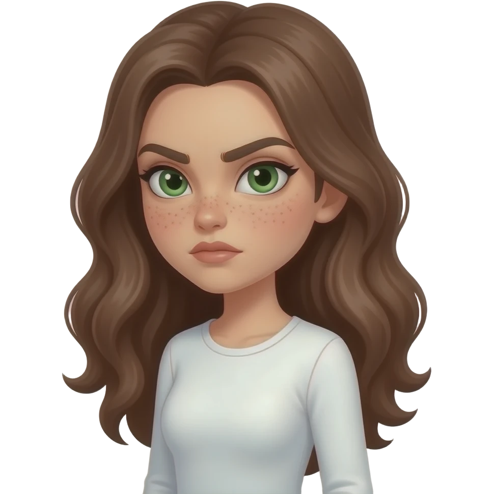 strong face expression very visible judgmental, cartoonish, caricatured, grotesque, suspicious side-eye meme by Brown wavy long haired with green eyes eyebrows raised cute face with freckles pretty girl in cute  white top with long sleeve strong side view emoji