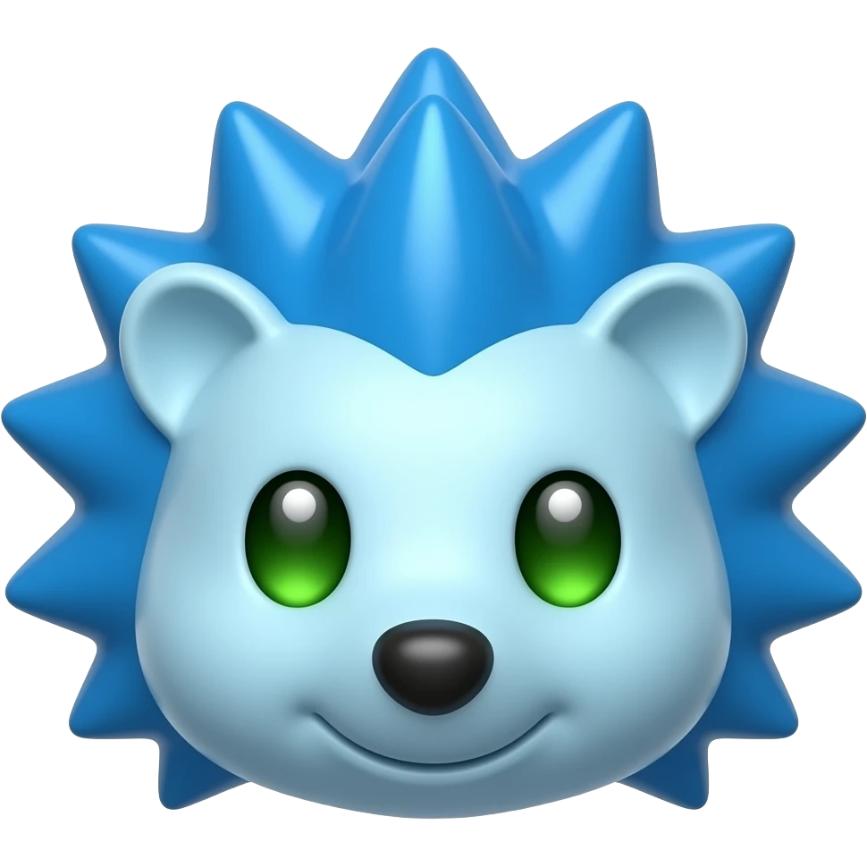 same exact cute 3D blue hedgehog emoji character, front view, glossy blue spikes, green eyes, pixar style, smooth 3D emoji render, only camera angle changes, same character identity, same proportions, same colors emoji