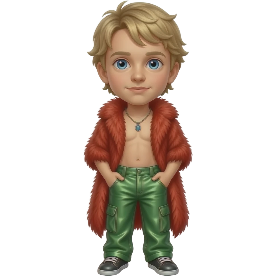 Macaulay Culkin with blue eyes, dirty blonde hair, red fur shawl, green metallic baggy pants, shirtless with necklace emoji