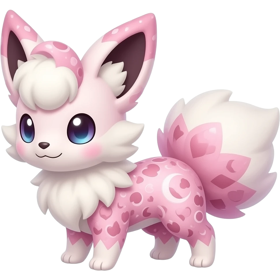 Fuzzy cozy aesthetic Magical Rosy beautiful gorgeous pretty Petite shiny glossy sparkly romantic pastel damask Absol-Sylveon-Amaura-Milotic-Minccino-Furret-Fakemon-hybrid with heart and moon patterns emoji