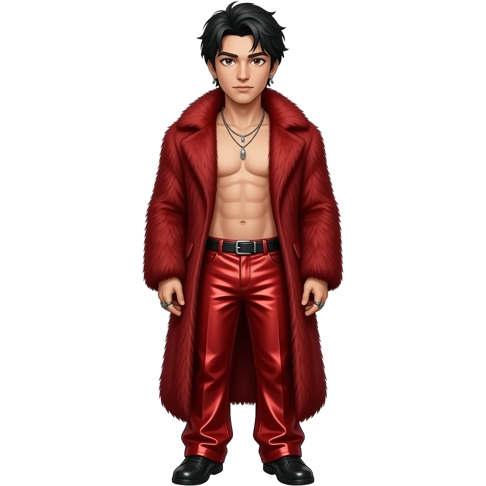 Hal Sparks with brown eyes, black hair, crimson fur coat, crimson metallic baggy pants, shirtless with necklace and earrings emoji