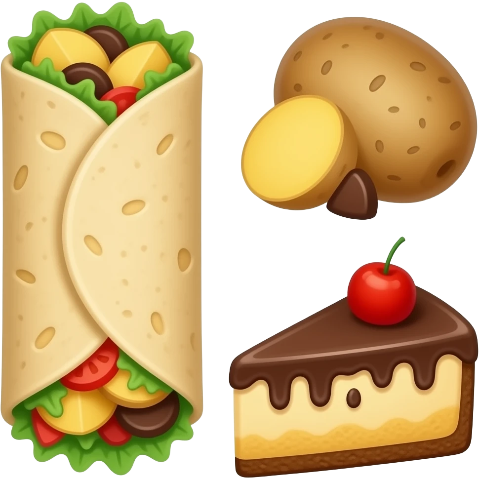 Crear un emoji de un burrito, con patatas a un lado y una tarta de queso de chocolate emoji