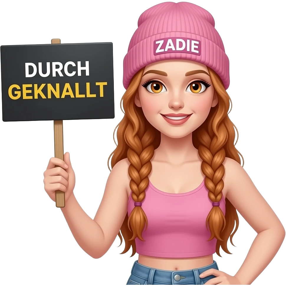 sexy girl with overlong ginger braids and ginger eyes wearing a pink tanktop and a pink beanie with ZADIE written on it, is holding a black sign with DURCH GEKNALLT written on it emoji