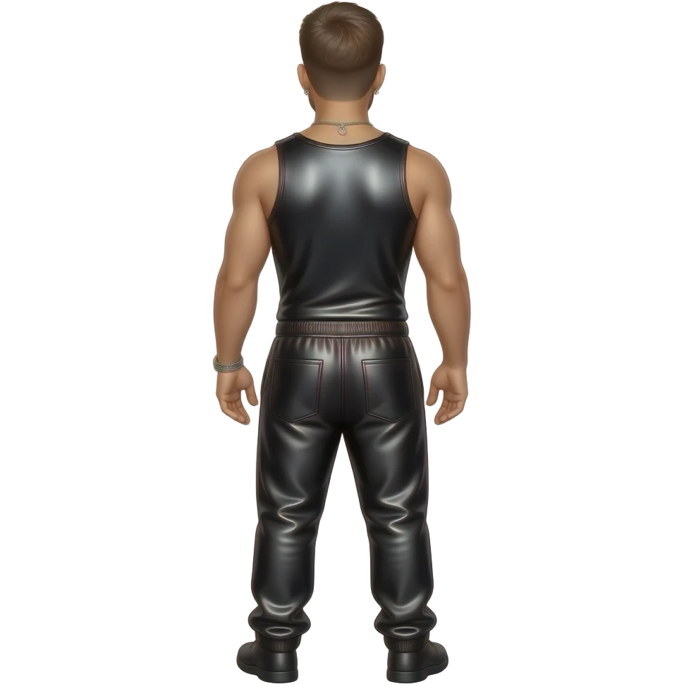 Justin Timberlake from behind with black metallic tank top, black metallic saggy joggers, necklace and earrings emoji
