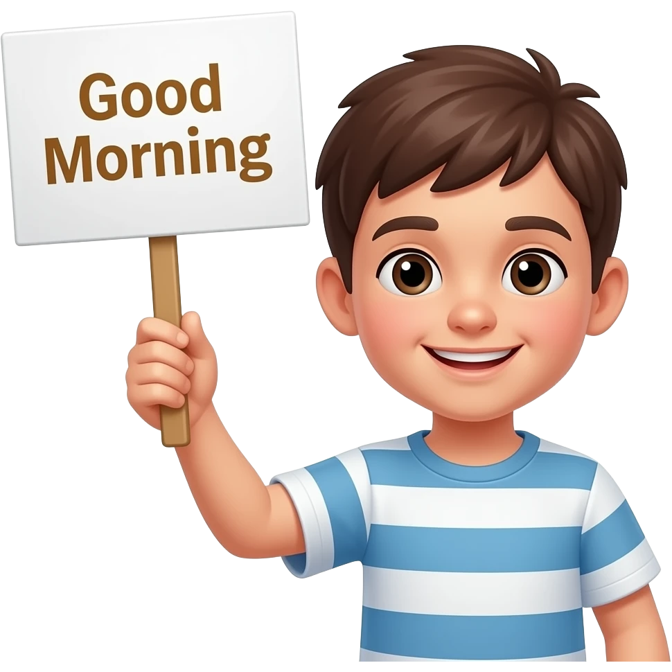 Junge hebt schild mit dem text Guten Morgen emoji