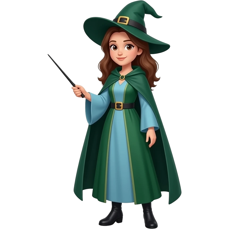 A full body White/Fair skinned woman with brown hair and brown eyes and wearing a long light Blue and forest green Witch outfit with black ankle boots and holding a plain pure black wand. emoji
