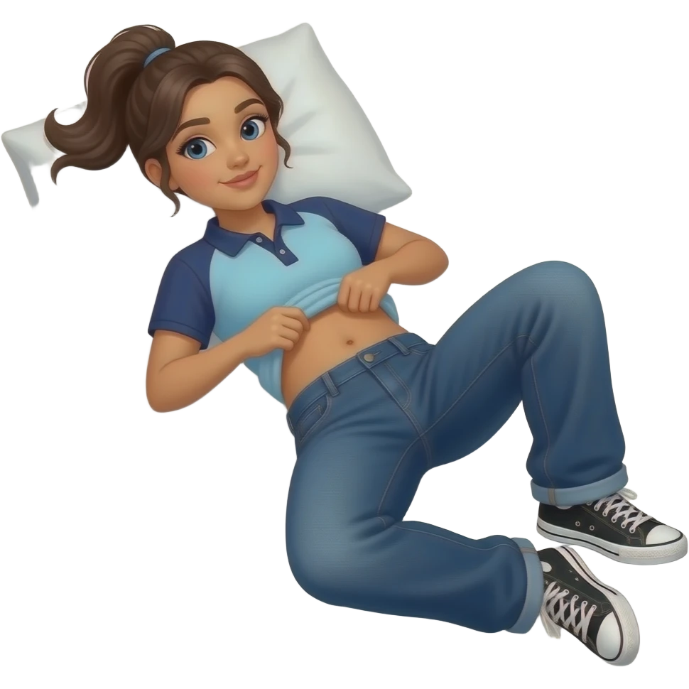 Hispanic girl with brown ponytail and blue eyes light blue and dark blue polo and dark blue baggy jeans and white and black sneakers and belly button laying down on her pillow on her bed lifting her shirt doing a belly rub emoji