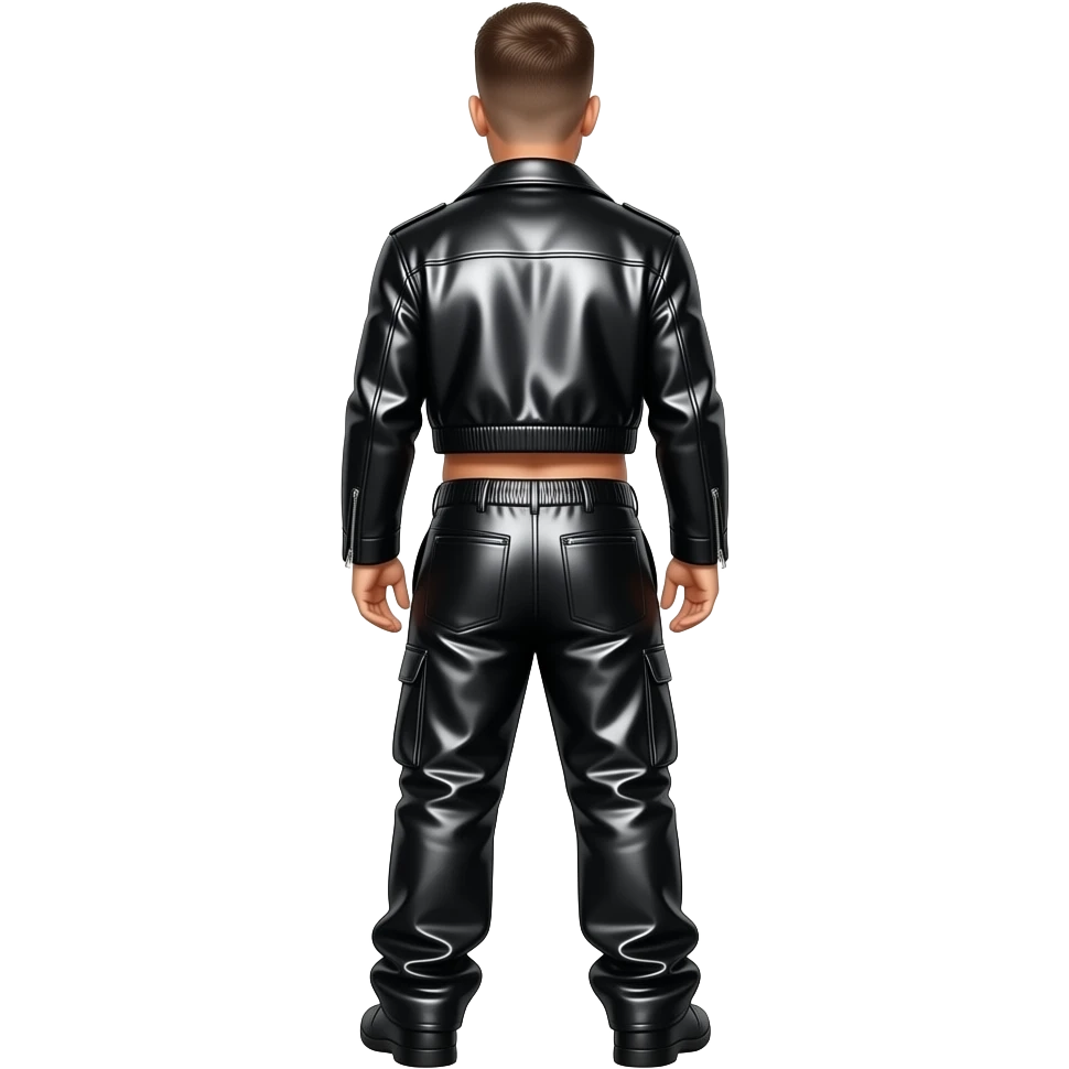 Robbie Williams from behind with black metallic crop top jacket, black metallic baggy pants emoji
