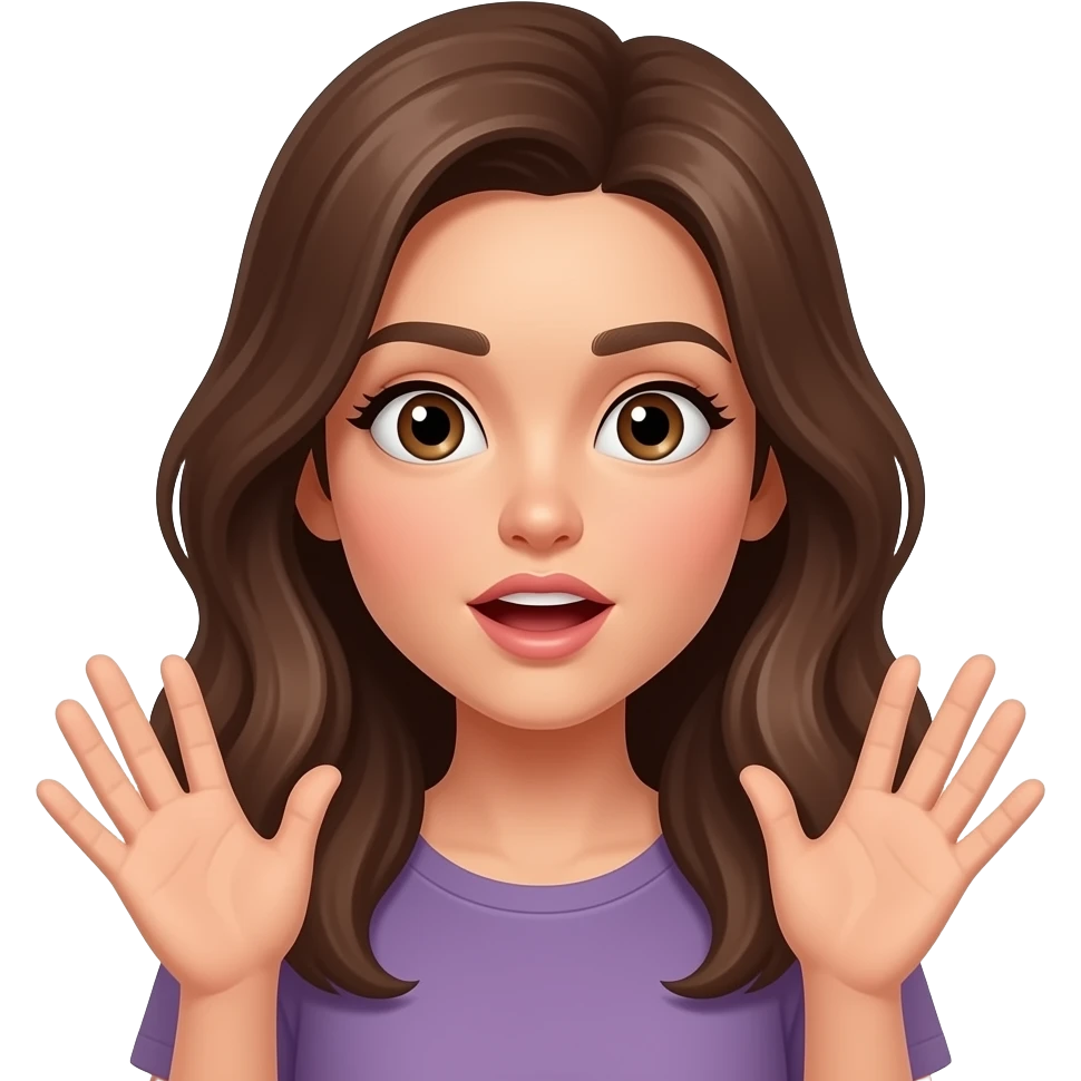 Female, light colored skin, long brown hair and brown eyes, with hands out to side as if she is saying, What? emoji