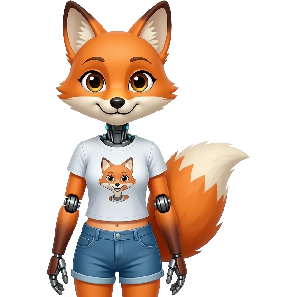 A humanoid robot female fox wearing a tee shirt and shorts emoji