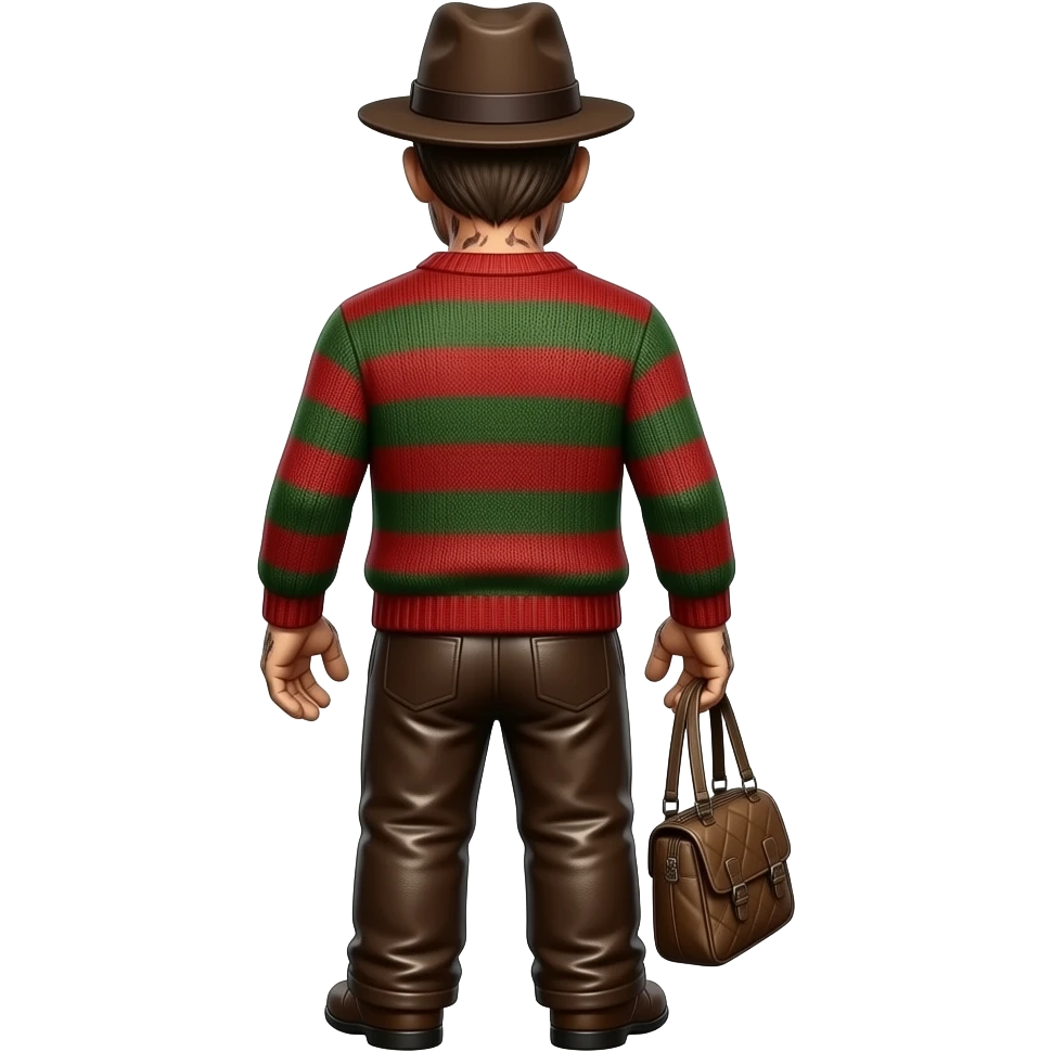 Freddy Krueger from behind with bald, dark brown hat, red and green striped metallic sweater, dark brown metallic baggy pants emoji