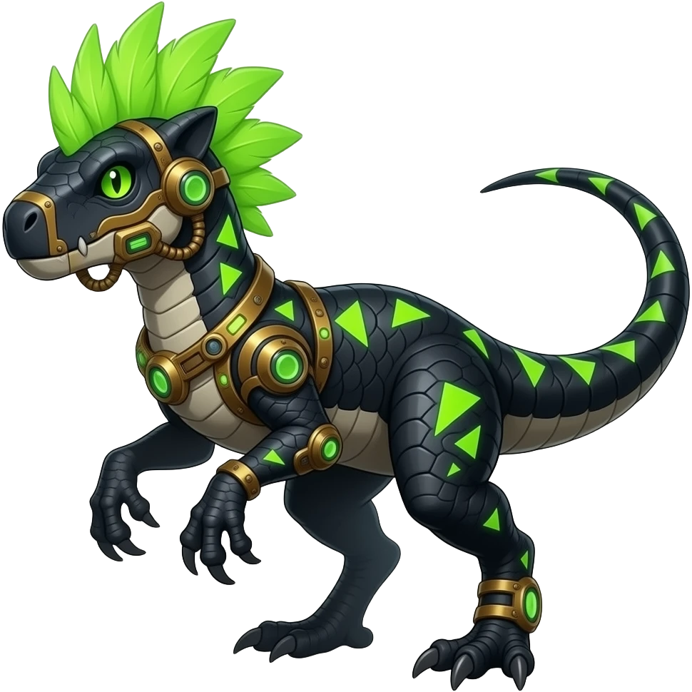 Cool edgy ancient black-scaled with neon-green triangular stripe markings digitigrade vintage futuristic raptorik fantasy-Cyberpunk-Steampunk-Solarpunk-Genesect-Salamence-Tyranitar-Brony-Vernid-Fionbri-Fakémon-animal-hybrid, with neon-green edgy feathery Mohawk, full body emoji