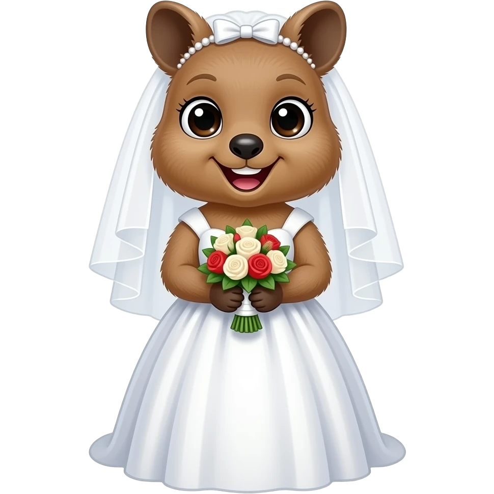 부케를 들고 활짝 웃는 귀엽고 예쁘고 깜찍한 쿼카 신부. emoji