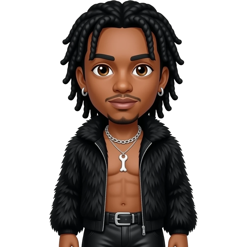 Wish Bone from Bone Thugs-N-Harmony with brown eyes, long black hair, black fur shawl, black metallic baggy pants, shirtless with necklace and earrings emoji